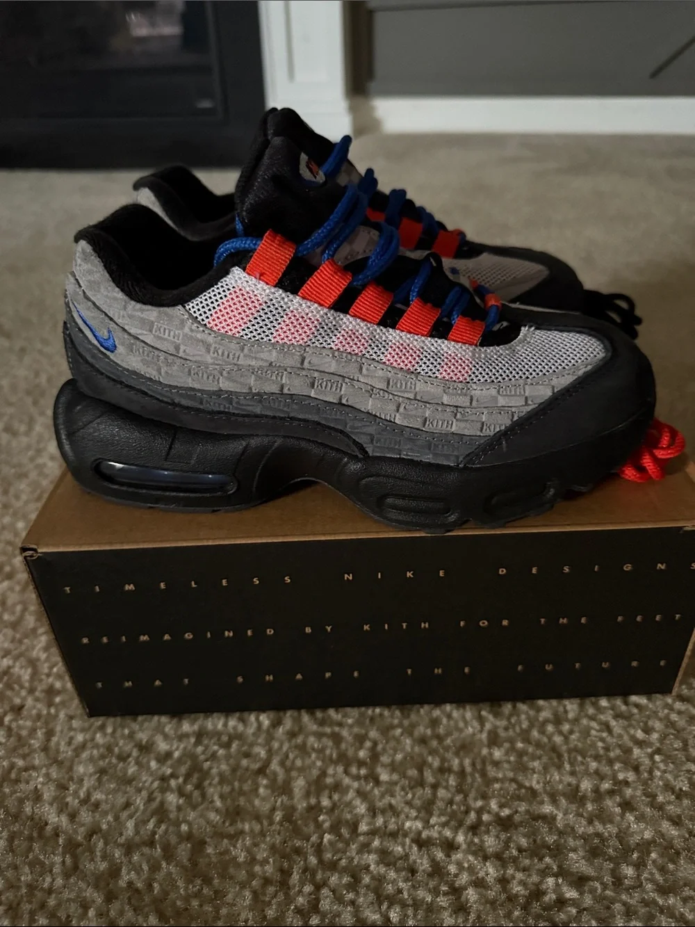 KITH x Nike Kids Grey & Black Sneakers with Blue Swoosh and Red Accents